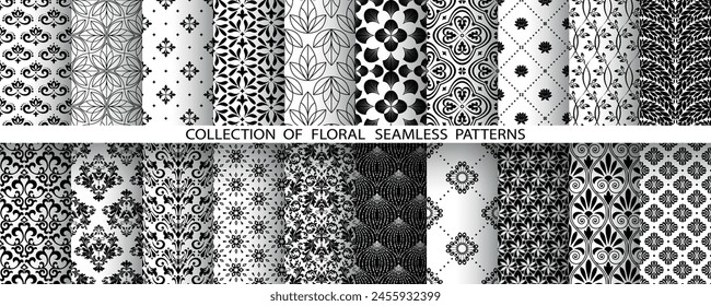 Conjunto floral geométrico de patrones sin fisuras. Fondos de Vector blanco y negro. Adornos gráficos de damasco.