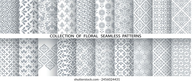 Geometric floral set of seamless patterns. White and gray vector backgrounds. Damask graphic ornaments