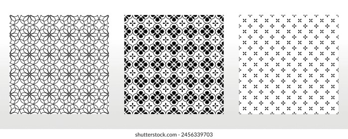 Geometric floral set of seamless patterns. White and black vector backgrounds. Damask graphic ornaments.