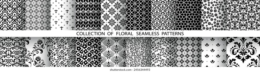 Conjunto floral geométrico de patrones sin fisuras. Fondos de Vector blanco y negro. Adornos gráficos de damasco.