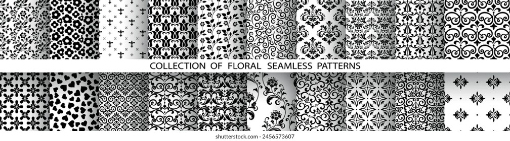 Conjunto floral geométrico de patrones sin fisuras. Fondos de Vector blanco y negro. Adornos gráficos de damasco.