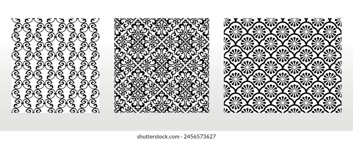 Conjunto floral geométrico de patrones sin fisuras. Fondos de Vector blanco y negro. Adornos gráficos de damasco.