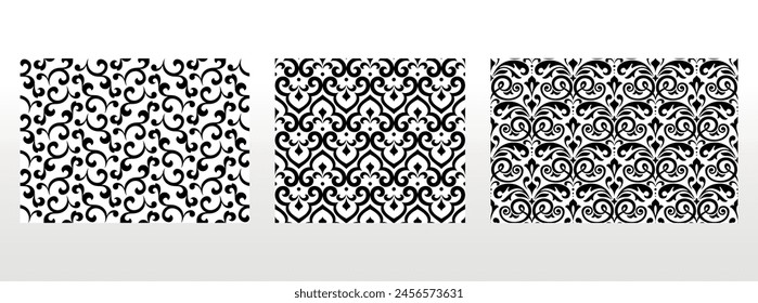 Geometric floral set of seamless patterns. White and black vector backgrounds. Damask graphic ornaments.