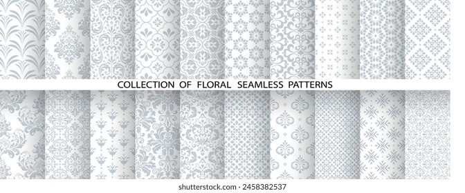 Geometric floral set of seamless patterns. White and gray vector backgrounds. Damask graphic ornaments