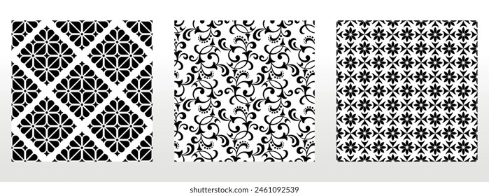 Geometric floral set of seamless patterns. White and black vector backgrounds. Damask graphic ornaments.