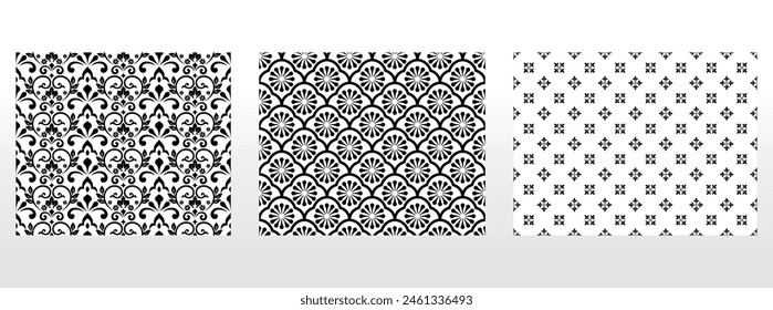 Geometric floral set of seamless patterns. White and black vector backgrounds. Damask graphic ornaments.