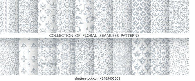 Geometric floral set of seamless patterns. White and gray vector backgrounds. Damask graphic ornaments