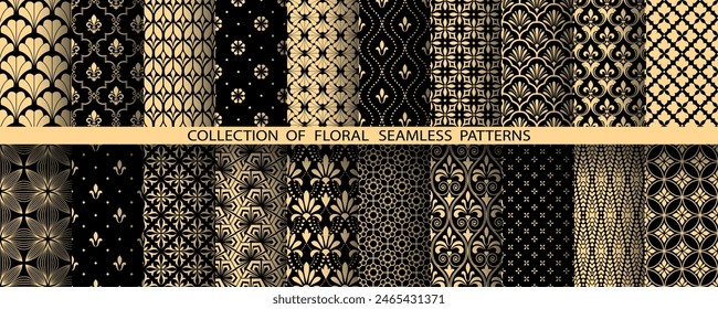 Geometric floral set of seamless patterns. Golden and black vector backgrounds. Damask graphic ornaments