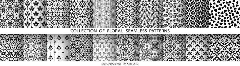 Geometric floral set of seamless patterns. White and black vector backgrounds. Damask graphic ornaments.