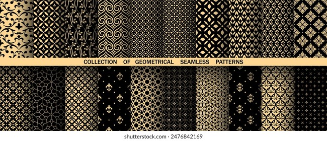 Geometric floral set of seamless patterns. Golden and black vector backgrounds. Damask graphic ornaments