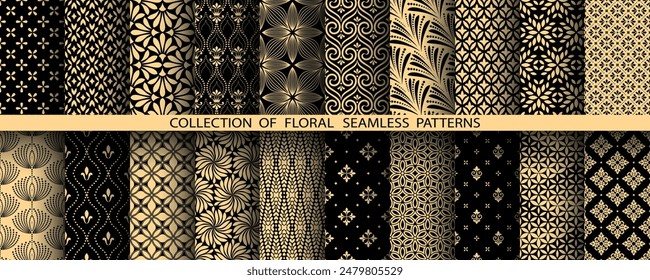 Geometric floral set of seamless patterns. Golden and black vector backgrounds. Damask graphic ornaments