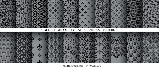 Conjunto floral geométrico de patrones sin fisuras. Fondos de Vector gris y negro. Adornos gráficos de damasco