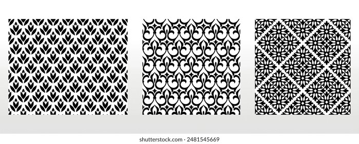 Conjunto floral geométrico de patrones sin fisuras. Fondos de Vector blanco y negro. Adornos gráficos de damasco.