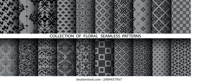 Conjunto floral geométrico de patrones sin fisuras. Fondos de Vector gris y negro. Adornos gráficos de damasco