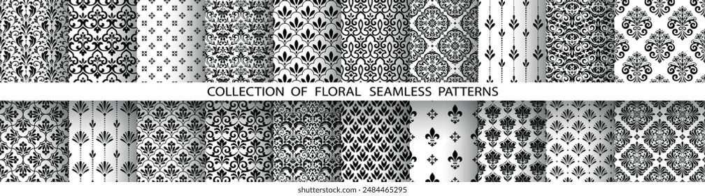 Geometric floral set of seamless patterns. White and black vector backgrounds. Damask graphic ornaments.