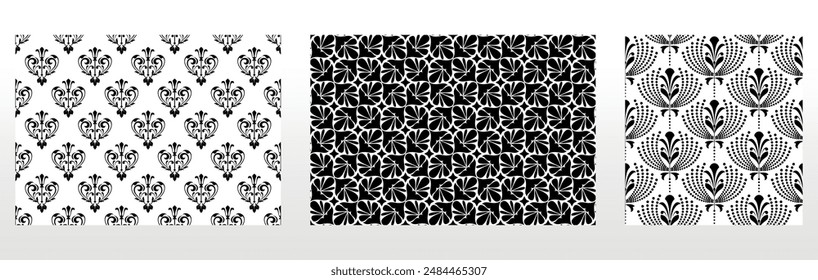 Geometric floral set of seamless patterns. White and black vector backgrounds. Damask graphic ornaments.