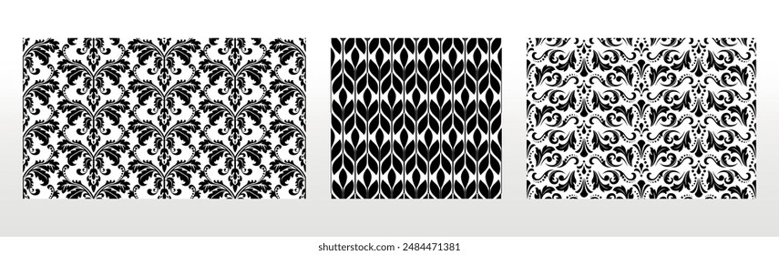 Geometric floral set of seamless patterns. White and black vector backgrounds. Damask graphic ornaments.