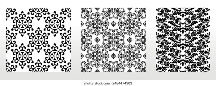 Geometric floral set of seamless patterns. White and black vector backgrounds. Damask graphic ornaments.