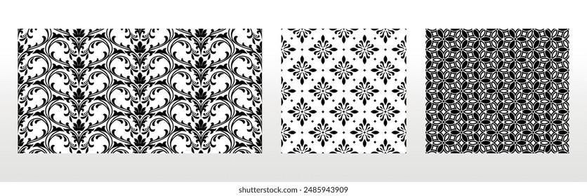 Geometric floral set of seamless patterns. White and black vector backgrounds. Damask graphic ornaments.