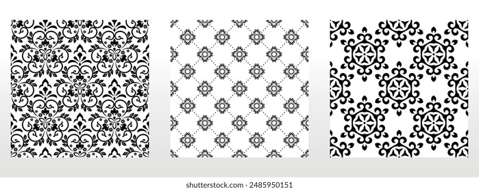 Geometric floral set of seamless patterns. White and black vector backgrounds. Damask graphic ornaments.