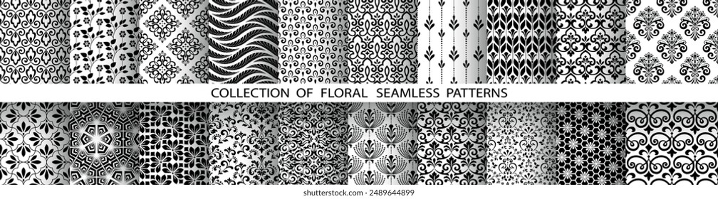 Geometric floral set of seamless patterns. White and black vector backgrounds. Damask graphic ornaments.