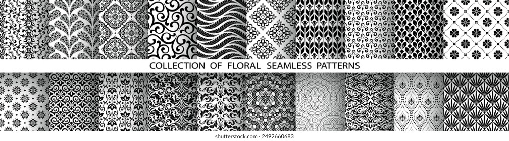 Conjunto floral geométrico de patrones sin fisuras. Fondos de Vector blanco y negro. Adornos gráficos de damasco.