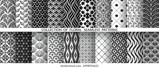 Geometric floral set of seamless patterns. White and black vector backgrounds. Damask graphic ornaments.
