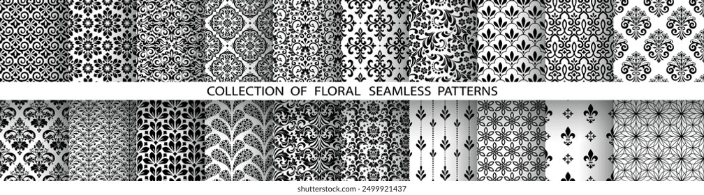 Conjunto floral geométrico de patrones sin costuras. Fondos de Vector blanco y negro. Adornos gráficos de damasco.