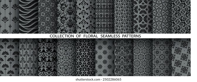 Geometrisches Blumenset nahtloser Muster. Graue und schwarze Vektorhintergründe. Damaszener Grafikschmuck