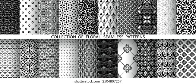 Geometric floral set of seamless patterns. White and black vector backgrounds. Damask graphic ornaments.