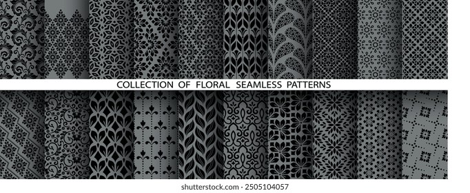 Conjunto floral geométrico de patrones sin costuras. Fondos de Vector gris y negro. Adornos gráficos de Damasco