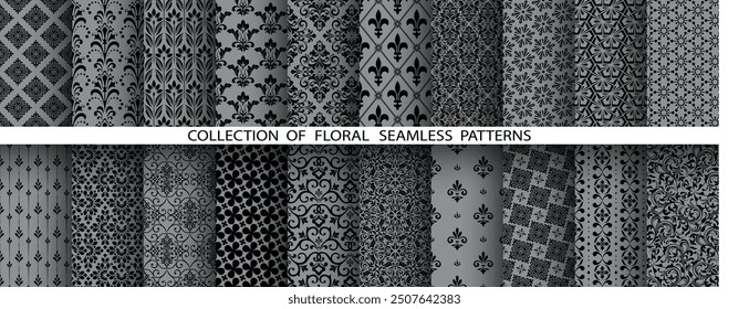 Geometrisches Blumenset nahtloser Muster. Graue und schwarze Vektorhintergründe. Damaszener Grafikschmuck