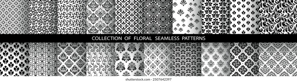 Geometric floral set of seamless patterns. White and black vector backgrounds. Damask graphic ornaments.