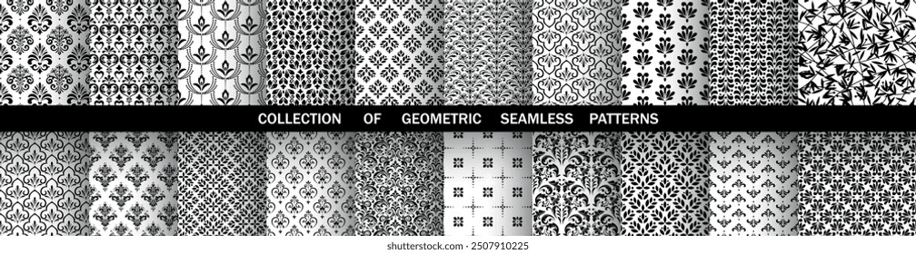 Geometrisches Blumenset nahtloser Muster. Weiße und schwarze Vektorhintergründe. Damast grafische Ornamente.