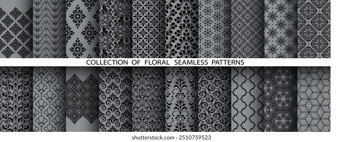 Conjunto floral geométrico de patrones sin costuras. Fondos de Vector gris y negro. Adornos gráficos de Damasco