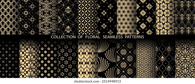 Conjunto floral geométrico de padrões sem emenda. Planos de fundo vetoriais dourados e pretos. Ornamentos gráficos Damask