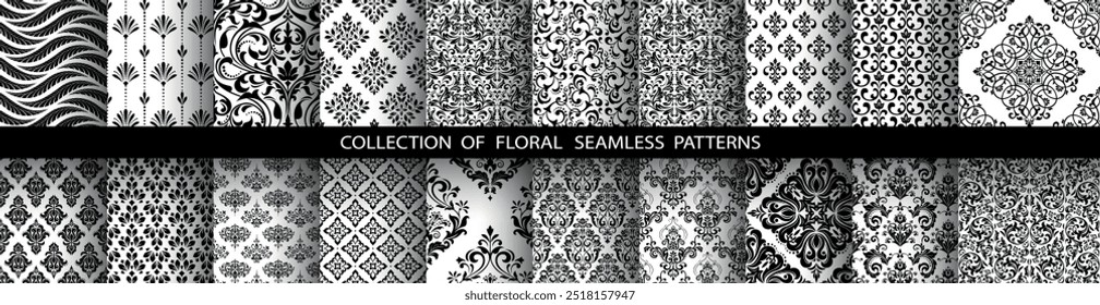 Geometrisches Blumenset nahtloser Muster. Weiße und schwarze Vektorhintergründe. Damast grafische Ornamente.