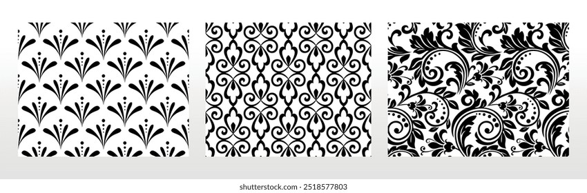 Geometric floral set of seamless patterns. White and black vector backgrounds. Damask graphic ornaments.