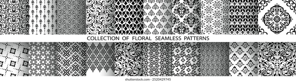 Geometric floral set of seamless patterns. White and black vector backgrounds. Damask graphic ornaments.