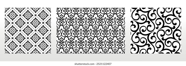 Conjunto floral geométrico de padrões sem emenda. Planos de fundo vetoriais brancos e pretos. Enfeites gráficos Damask.