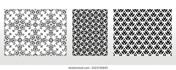 Conjunto floral geométrico de padrões sem emenda. Planos de fundo vetoriais brancos e pretos. Enfeites gráficos Damask.