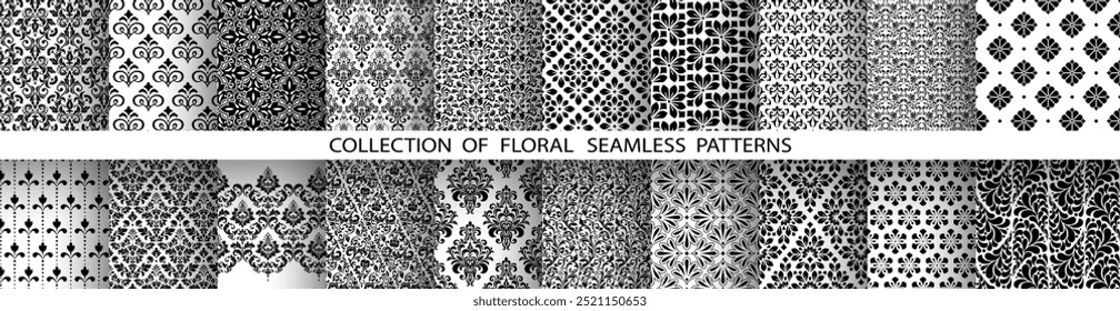 Geometric floral set of seamless patterns. White and black vector backgrounds. Damask graphic ornaments.