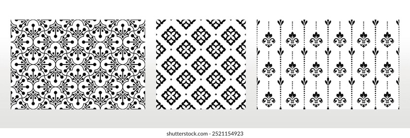 Geometric floral set of seamless patterns. White and black vector backgrounds. Damask graphic ornaments.