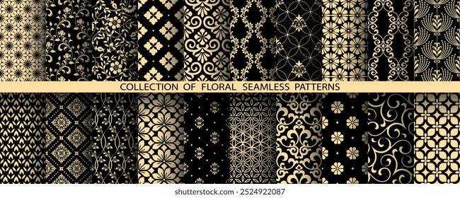 Geometric floral set of seamless patterns. Golden and black vector backgrounds. Damask graphic ornaments