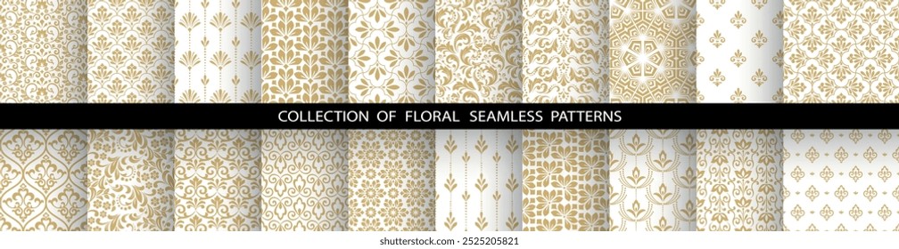 Conjunto floral geométrico de patrones sin costuras. Fondos de Vector blanco y dorado. Adornos gráficos de Damasco