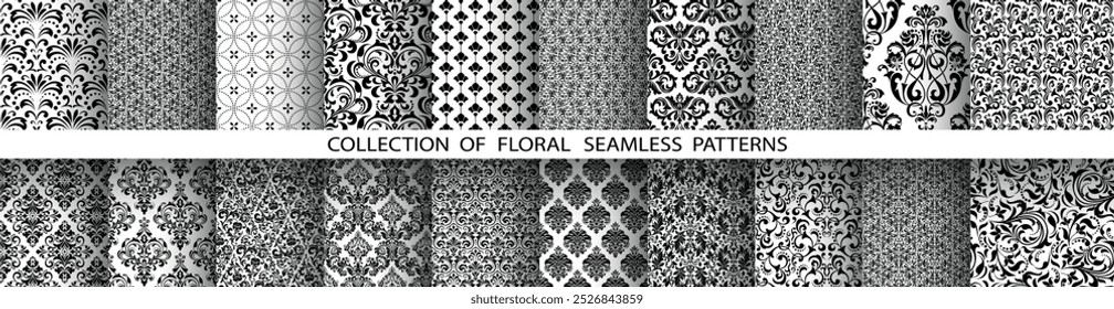 Conjunto floral geométrico de patrones sin costuras. Fondos de Vector blanco y negro. Adornos gráficos de damasco.