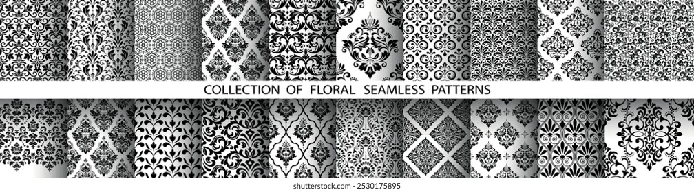 Conjunto floral geométrico de patrones sin costuras. Fondos de Vector blanco y negro. Adornos gráficos de damasco.