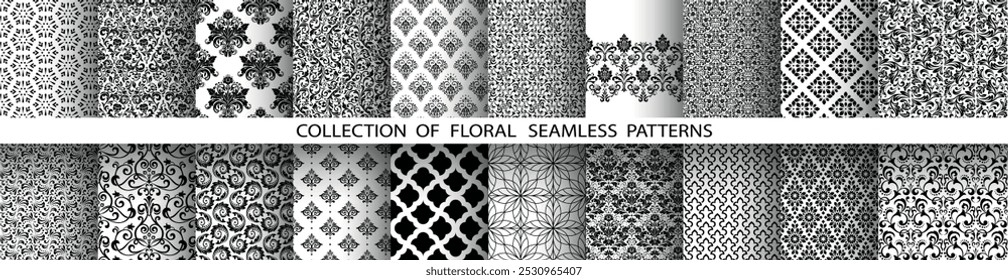 Geometric floral set of seamless patterns. White and black vector backgrounds. Damask graphic ornaments.