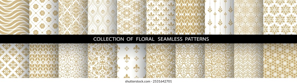 Geometrisches Blumenset nahtloser Muster. Weiße und goldene Vektorhintergründe. Damaszener Grafikschmuck
