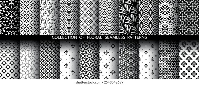 Conjunto floral geométrico de padrões sem emenda. Planos de fundo vetoriais brancos e pretos. Enfeites gráficos Damask.